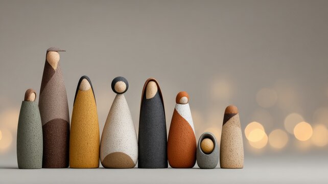 nativity scene in stylized minimalist clay figures, neutral background