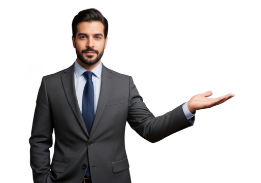 Professional businessman presenting with open palm gesture in suit - stock photo for business use, presentation ready isolated on transparent background