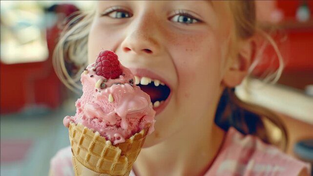The little girl is excited about her berry-flavored soft serve ice cream cone. She's savoring the bite she just took, with a contented smile on her face.