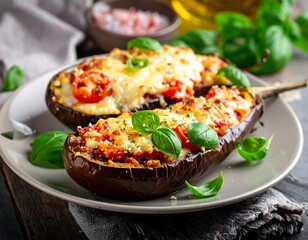 Baked Eggplant with Tomato and Cheese.