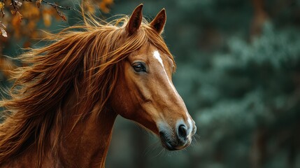 Majestic brown horse with flowing mane in a serene forest setting during autumn