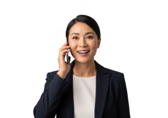 Smiling asian businesswoman in blazer talking on smartphone portrait stock photo png image, isolated on transparent background