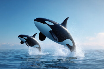 Dynamic Orcas Leaping from Serene Ocean Waters Under a Sky Blue Canvas