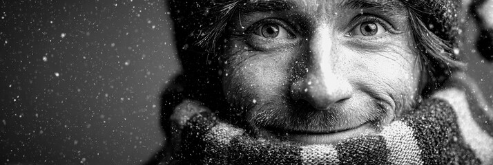 Smiling man in winter attire enjoys snowfall outdoors