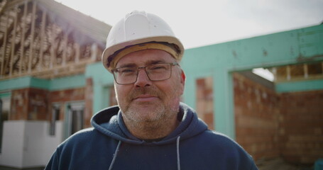 Construction worker in hard hat at building site, determined professional at project location,...