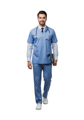 Fototapeta premium Full body portrait of a smiling male doctor in blue scrubs with stethoscope and holding clipboard stock photo isolated on transparent background