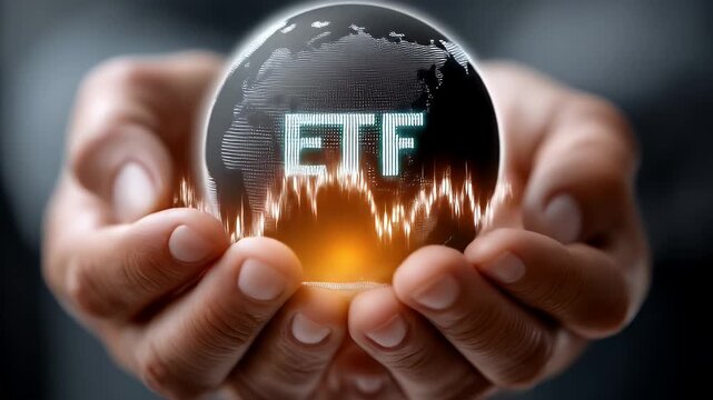 Glowing ETF Text Over Earth Globe Held In Hands With Dark Background