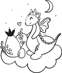 Cute dragon with an egg in doodle style. Coloring page for kids. Vector