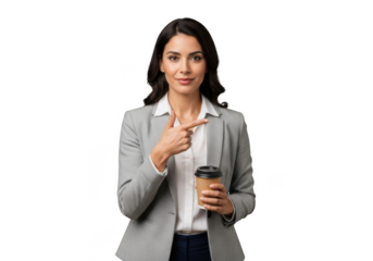 Professional businesswoman holding coffee cup pointing sideways stock photo for presentations and marketing materials isolated on transparent background