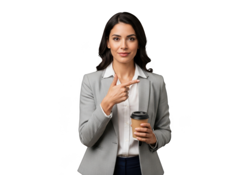 Professional businesswoman holding coffee cup pointing sideways stock photo for presentations and marketing materials isolated on transparent background