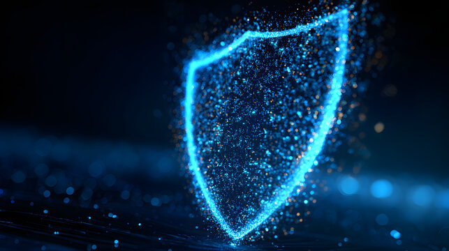 Digital glowing shield symbol, futuristic cyber security concept neon light particles technology background