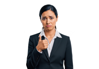 Disappointed businesswoman giving thumbs up with unhappy facial expression stock photo png image, isolated on transparent background