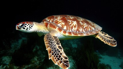 Colorful Sea Turtle Gliding Through Clear Ocean Water