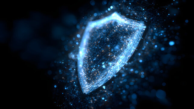 Digital glowing shield symbol, futuristic cyber security concept neon light particles technology background