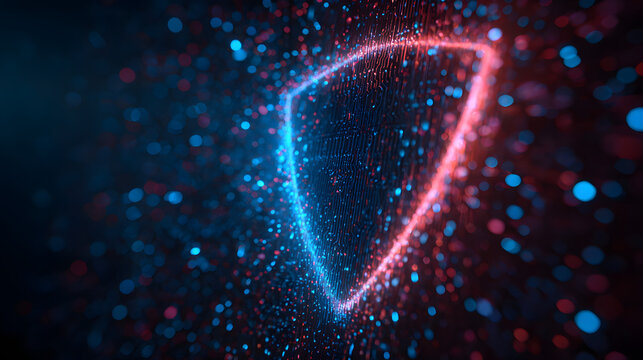 Digital glowing shield symbol, futuristic cyber security concept neon light particles technology background