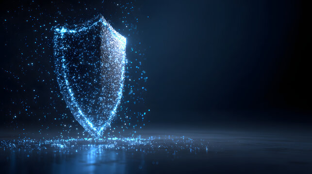 Digital glowing shield symbol, futuristic cyber security concept neon light particles technology background