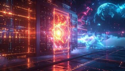 Futuristic server room with portal