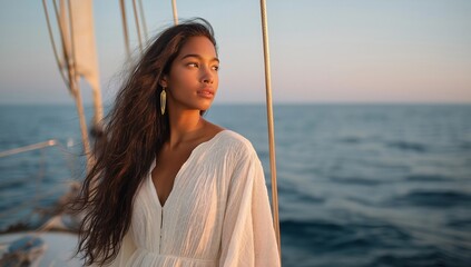 Sunset Sails - Serene Woman in White Dress Gazing at Tranquil Ocean During Golden Hour