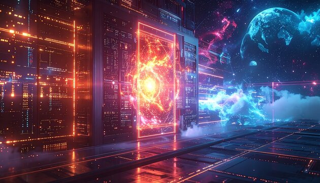 Futuristic server room with portal