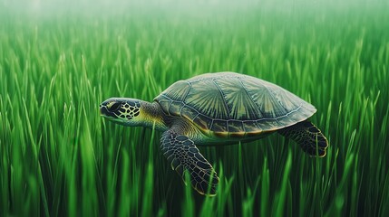 Turtle Swimming in Lush Green Underwater Grass Landscape