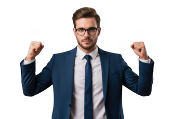Successful businessman celebrating victory with fists up in blue suit and tie, portrait of achievement, isolated on transparent background
