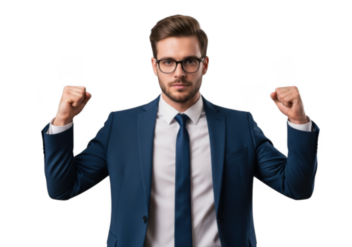 Successful businessman celebrating victory with fists up in blue suit and tie, portrait of achievement, isolated on transparent background
