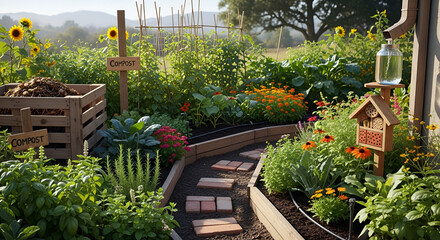 Lush Vegetable Garden with Stone Path and Wooden Compost Bins