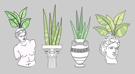 A set of antique style doodle vases with house plants.