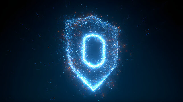 Digital glowing shield symbol, futuristic cyber security concept neon light particles technology background
