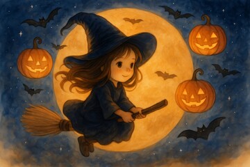 Cute little witch girl flying on a broomstick across the night sky with a full moon, bats, and floating pumpkins, magical and enchanting Halloween fantasy illustration