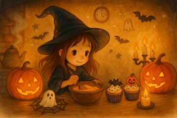 Cute little witch girl baking Halloween sweets in her cozy kitchen, mixing dough surrounded by cupcakes, carved pumpkins and playful friendly ghosts