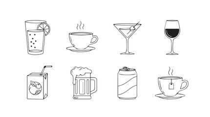 Collection of hand drawn beverage silhouettes in a simple line art style silhouette