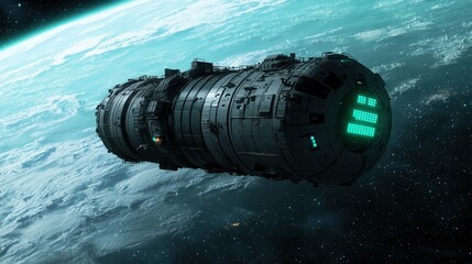 Futuristic spacecraft floating in outer space with Earth backdrop