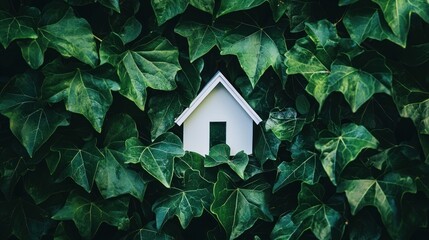 Small white house model nestled among vibrant green leaves, symbolizing eco-friendly living, sustainable homes, and environmental harmony for a greener future