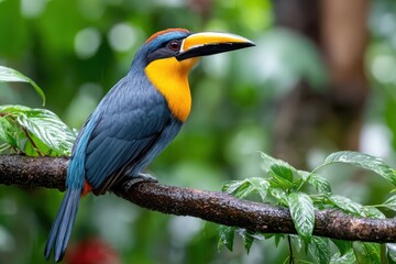 Fototapeta premium Colorful toucan perched on a branch in a rainforest