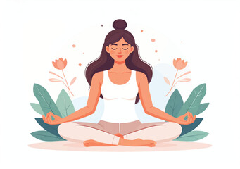 A calm female figure practicing yoga in a serene setting, sitting cross-legged in lotus pose on a yoga mat. She has a graceful posture, closed eyes, and a peaceful expression. Soft natural light high