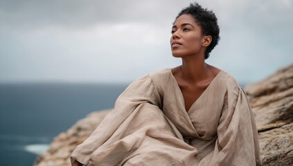 Sweet Embrace of Nature Peaceful Woman in Linen Dress Contemplating Ocean View for Tranquility and Serenity