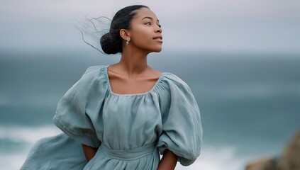 Serene Woman in Flowing Dress Embraces Ocean Breeze with Graceful Confidence for Sweet Embrace Theme Photography