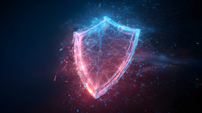 Digital glowing shield symbol, futuristic cyber security concept neon light particles technology background