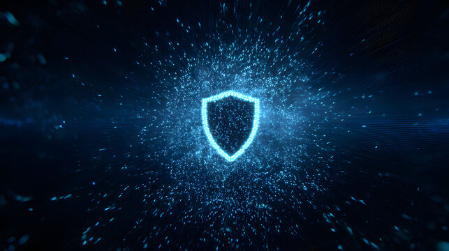 Digital glowing shield symbol, futuristic cyber security concept neon light particles technology background