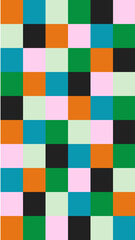 A seamless geometric pattern of colorful squares in bold shades of green, orange, black, and blue. This modern design is perfect for backgrounds and contemporary prints.