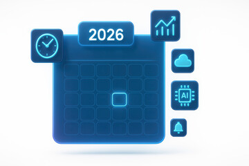 Futuristic Calendar Display for Year 2026 with Icons of Time, Data, and Artificial Intelligence