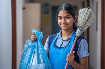 Indian schoolgirl smiling while holding broom and garbage bag during community cleanliness activity in school hallway