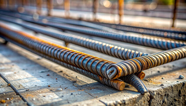 Steel Rebar Construction: A detailed shot of steel rebar, a foundational element in architecture, industrial, engineering, and building, showcasing their strength and texture.