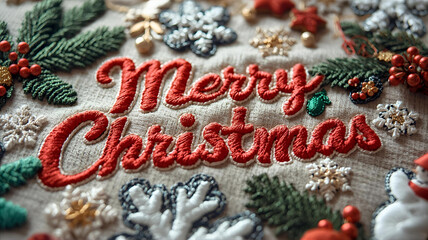 Embroidered Merry Christmas Text with Festive Applique and Patchwork Decoration