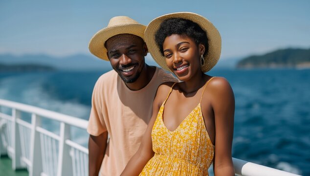 Couple Enjoying a Sunny Day on a Boat Trip, Smiling and Relaxed, Summer Adventure and Travel Exploration