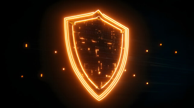 Digital glowing shield symbol, futuristic cyber security concept neon light particles technology background