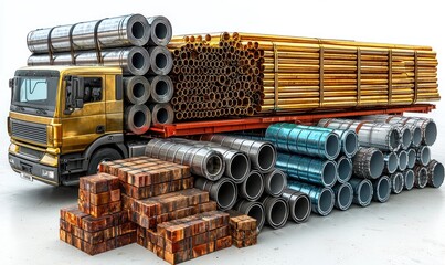 A gold-colored truck carrying various metal and wooden materials