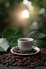Obraz premium Cup of coffee on coffee beans with leafy background and sunlight