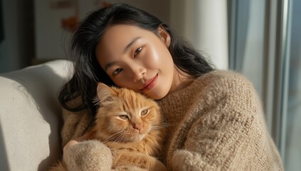 Relaxed Woman with Ginger Cat Smiling in Cozy Sweater on Sunny Day Indoors